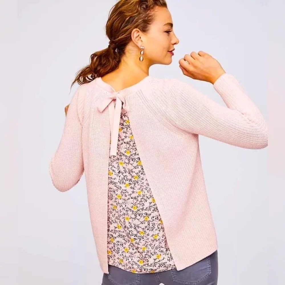 NWOT Ann Taylor LOFT Soft Pink Cardigan with Floral Back 100% cotton Shell